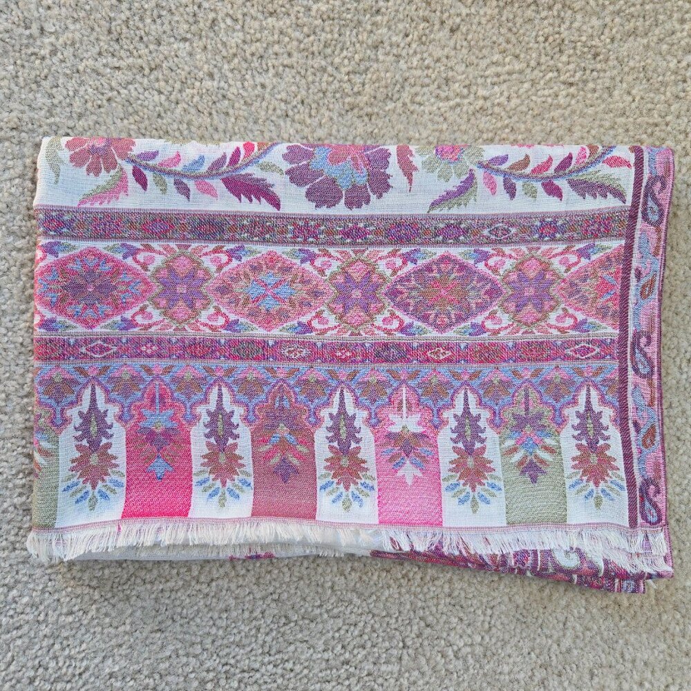 NWOT Cashmere Kashmiri Scarf Shawl Jacquard Embroidered Pink Purple - Picture 15 of 16